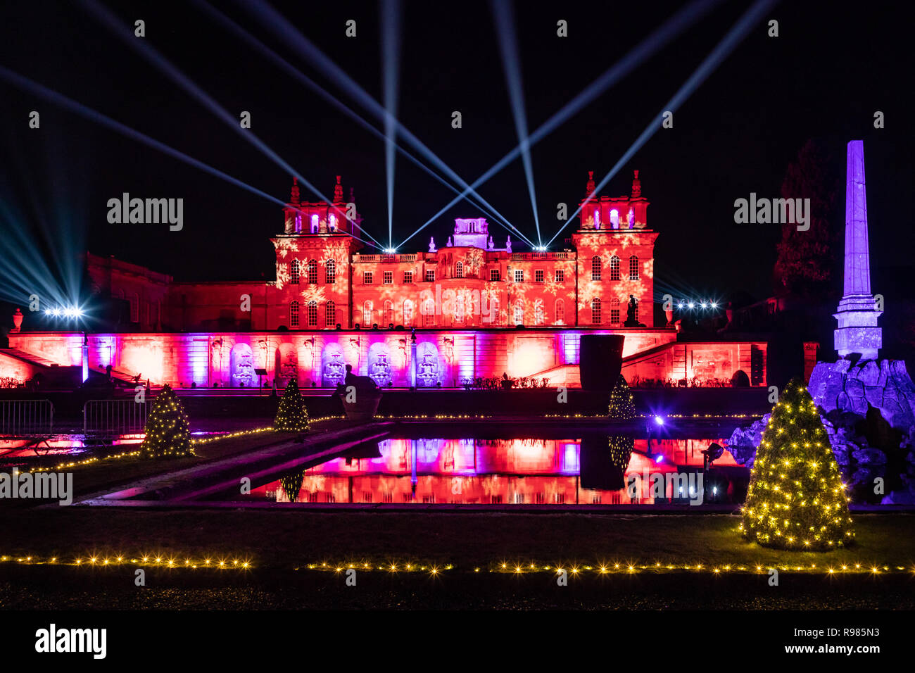Blenheim Palace and water terrace illuminated with Christmas lights