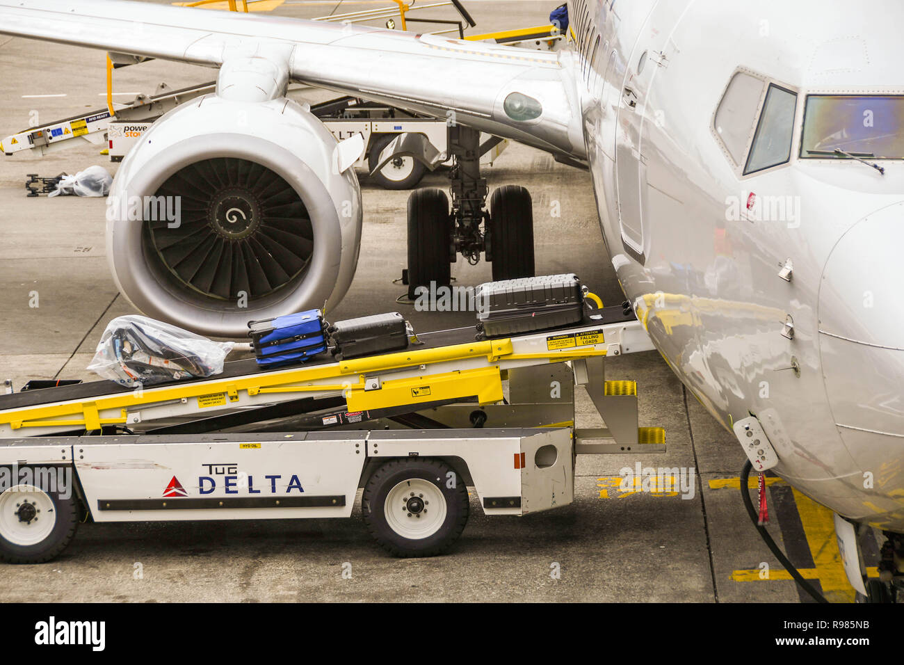 SEATTLE TACOMA AIRPORT, WA, USA - JUNE 2018: Ground handling equipment loading luggage into the hold of a Delta Airlines Boeing 737 jet at Seattle Tac Stock Photo