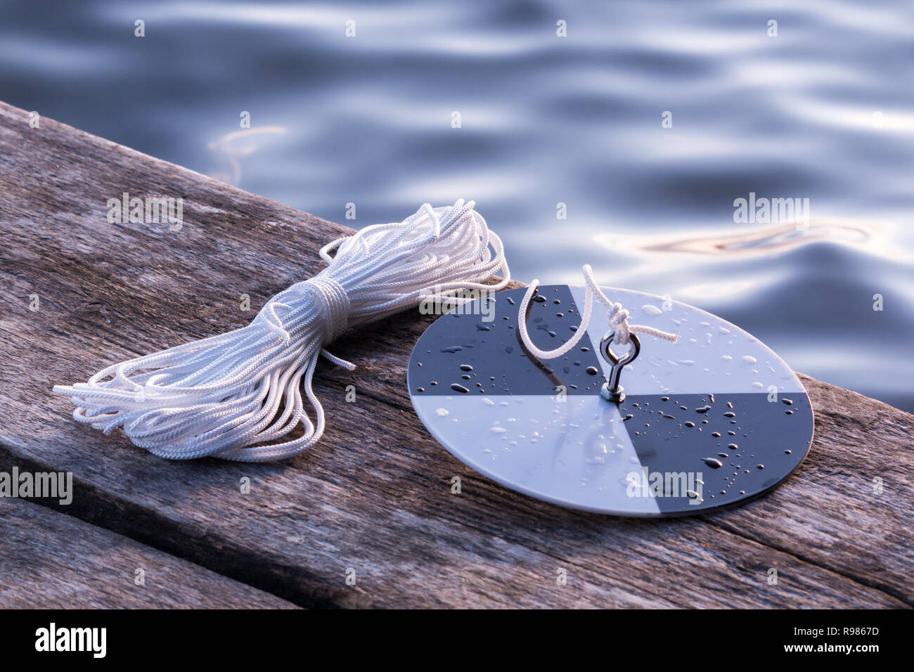 Secchi disk with rope prepared for water transparency measurement. Stock Photo
