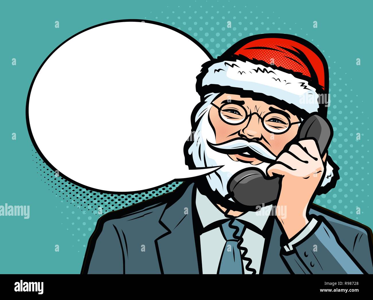 Santa Claus talking on the phone. Christmas concept. Pop art retro comic style. Cartoon vector illustration Stock Vector