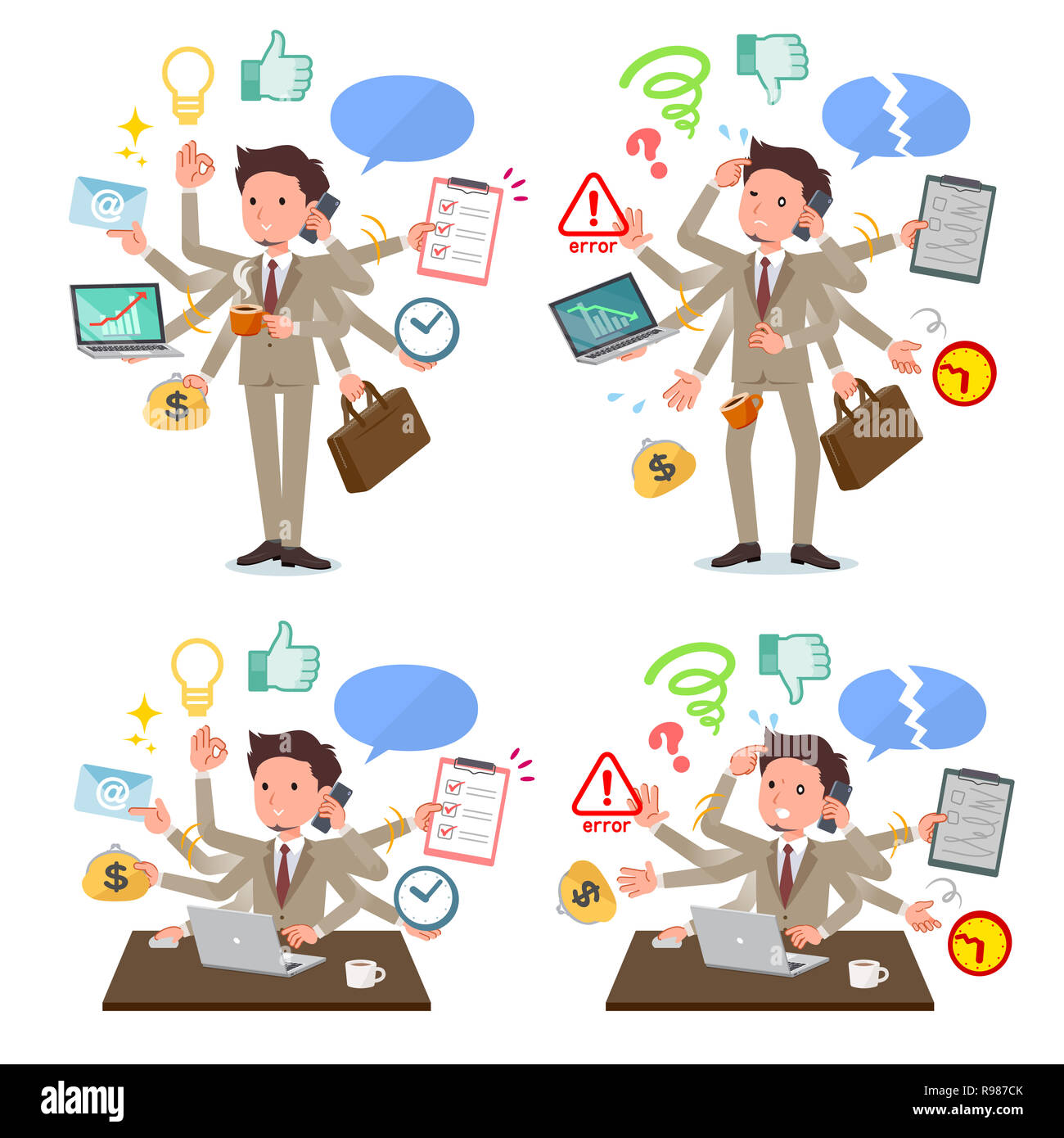 A set of businessman who perform multitasking in the office.There are things to do smoothly and a pattern that is in a panic.It's vector art so it's e Stock Photo