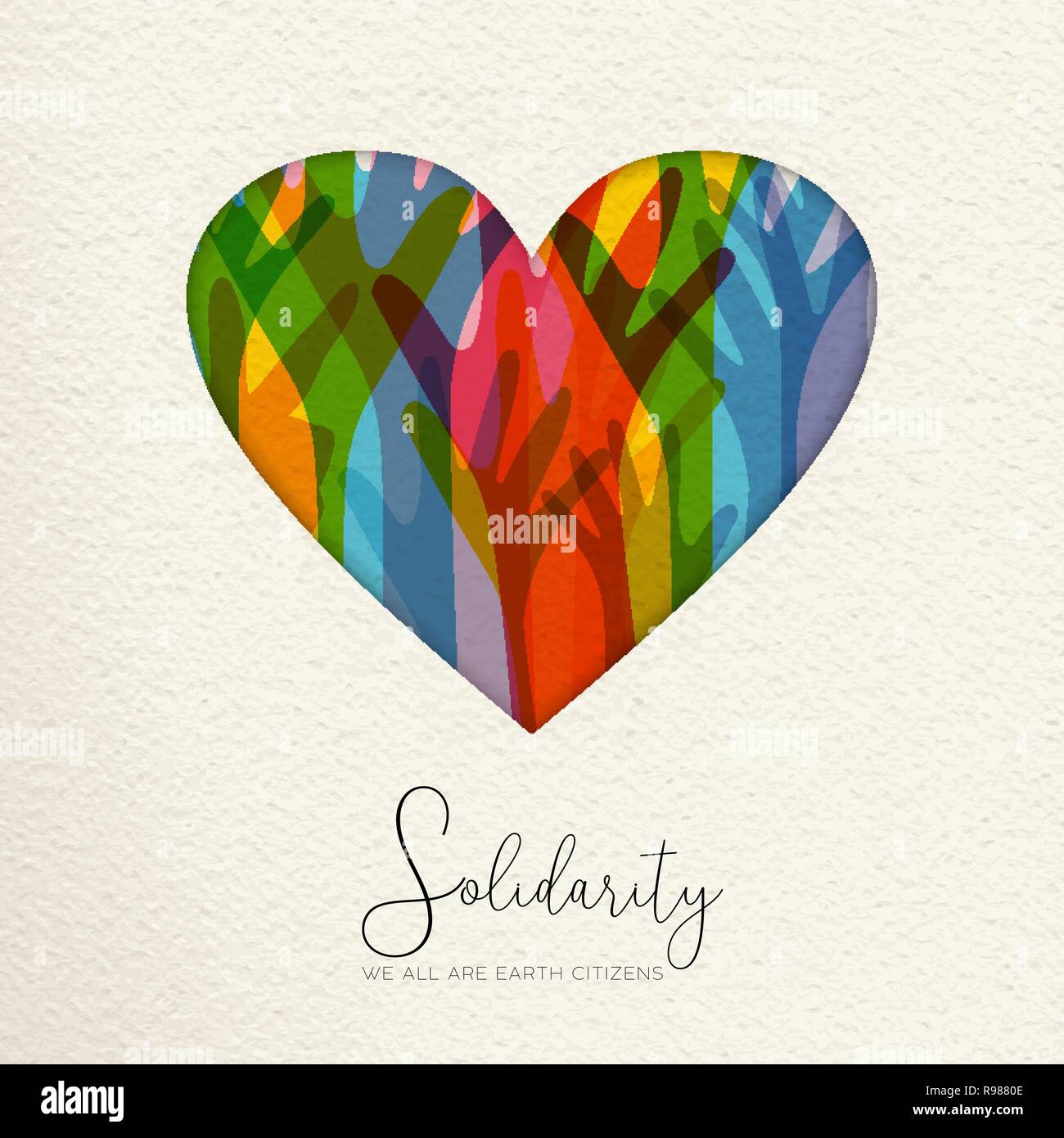 International Human Solidarity Day illustration. Paper cut  heart shape and colorful hands from different cultures helping each other for community he Stock Vector