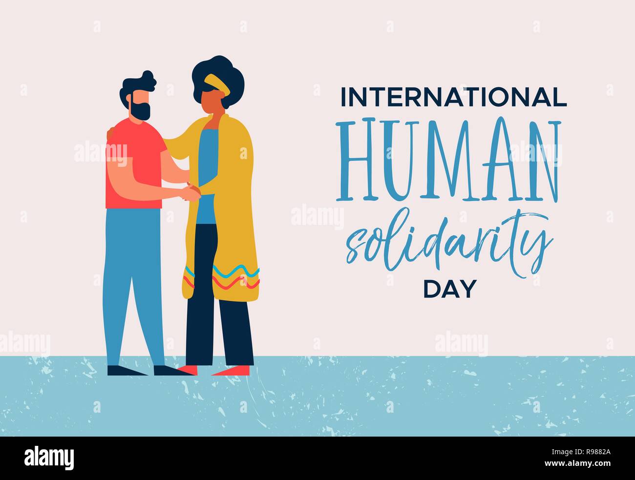 International Human Solidarity Day illustration of woman and man from different cultures helping each other for community help, social support concept Stock Vector