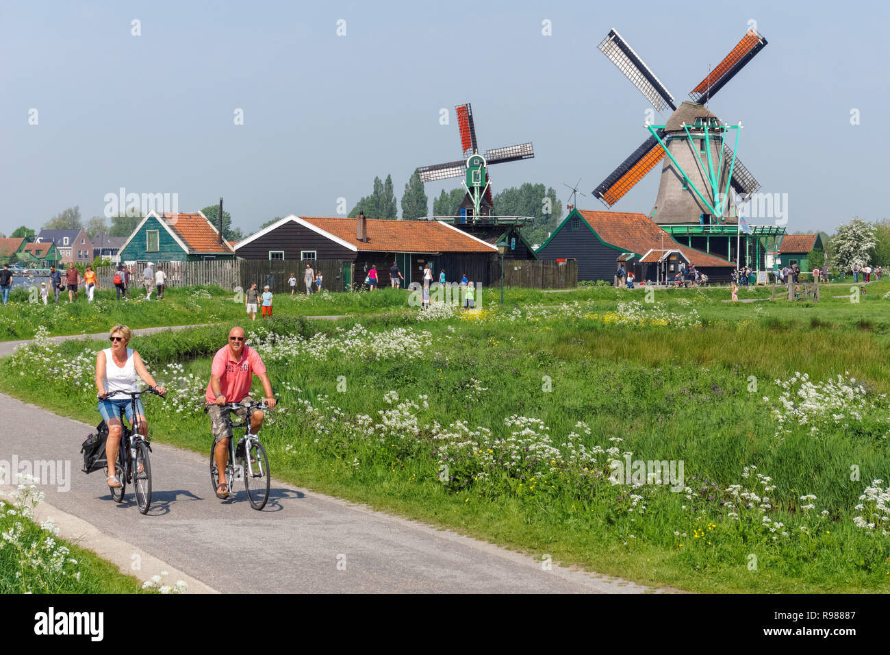 Man and woman riding their bikes along traditional dutch windmills at Zaanse Schans in Netherlands Stock Photo