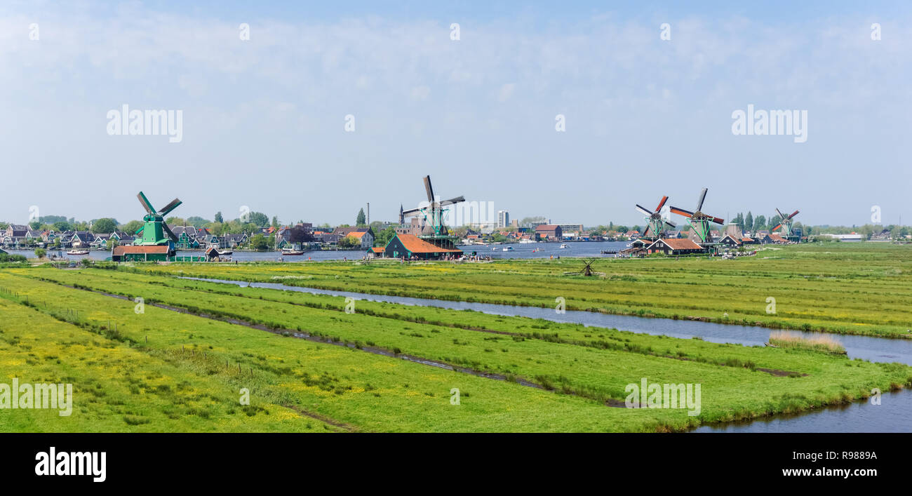 Panoramic view of Dutch windmills at Zaanse Schans in Netherlands Stock Photo