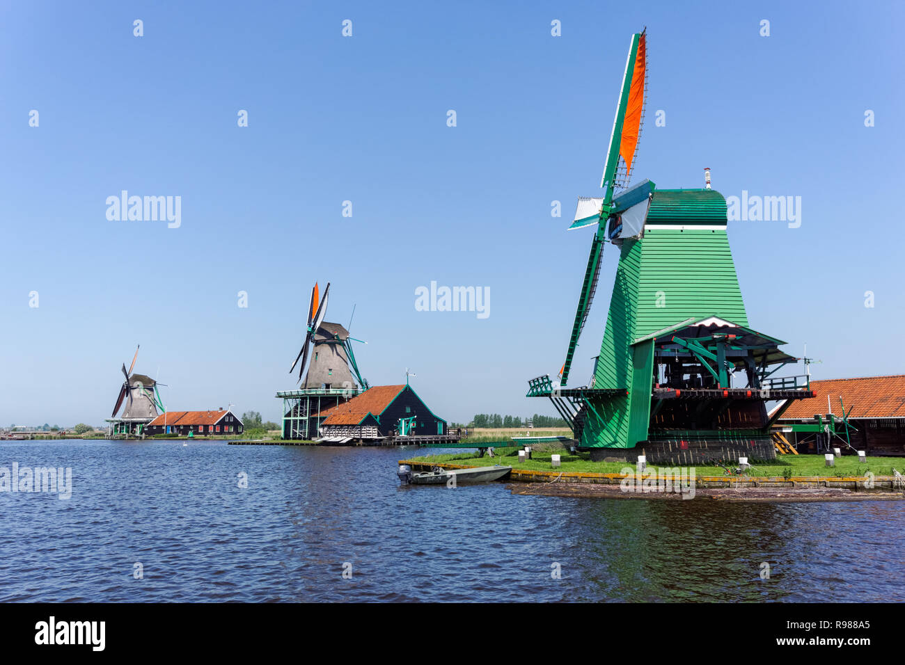 Dutch windmills at Zaanse Schans in Netherlands Stock Photo