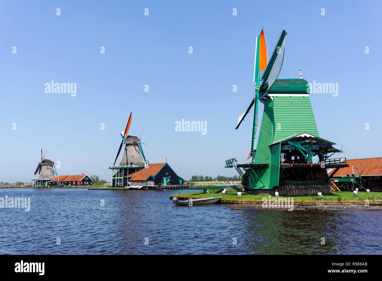 Dutch windmills at Zaanse Schans in Netherlands Stock Photo