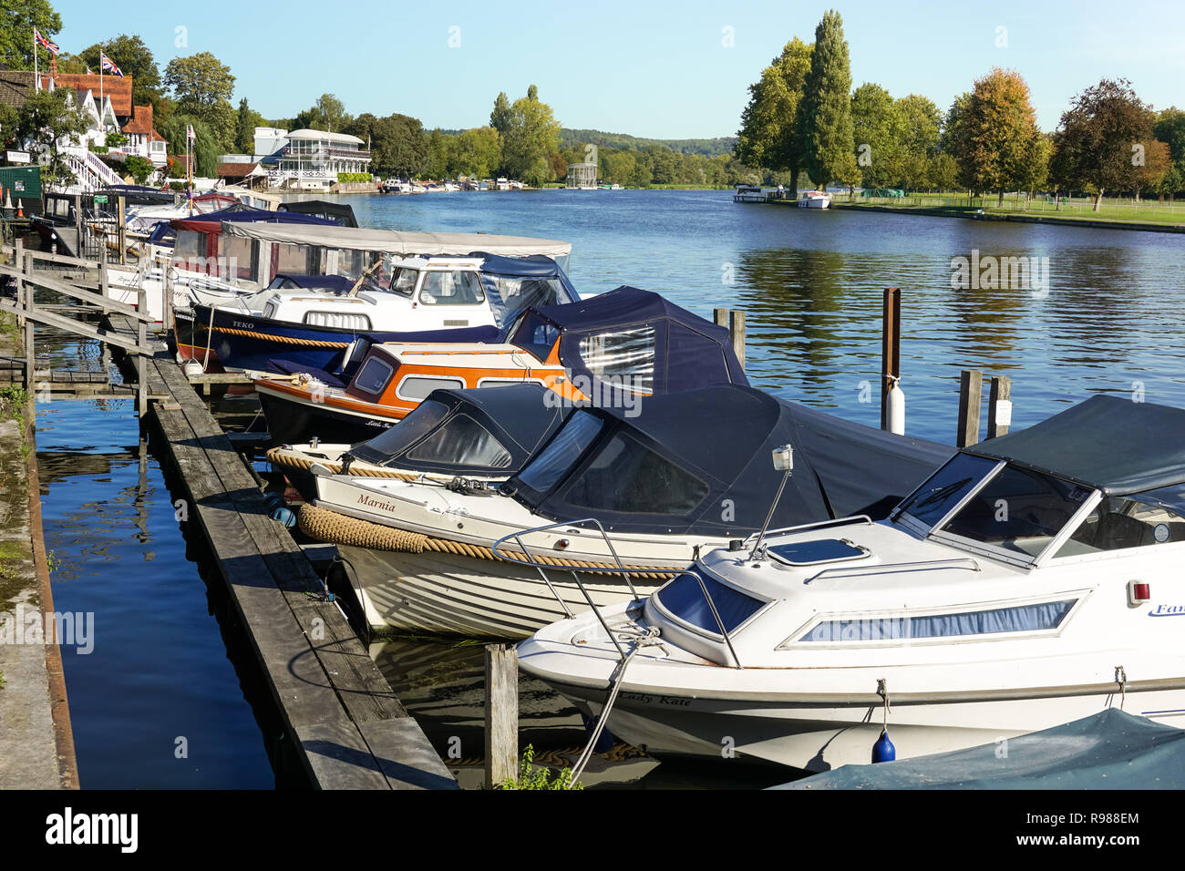 Boats moored in Henley on Thames, Oxfordshire, England United Kingdom