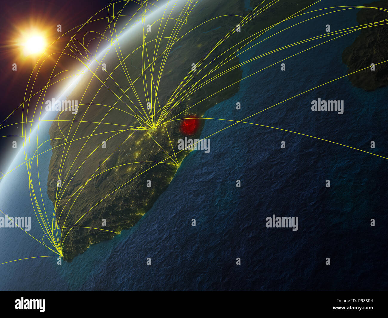 eSwatini on model of planet Earth with network and international networks. Concept of digital communication and technology. 3D illustration. Elements  Stock Photo