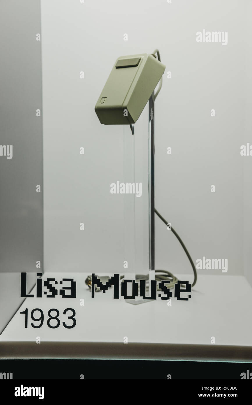 Prague, Czech Republic - August 28, 2018: Old Apple Lisa wired mouse on exhibit inside Apple Museum in Prague, the largest private collection of Apple Stock Photo