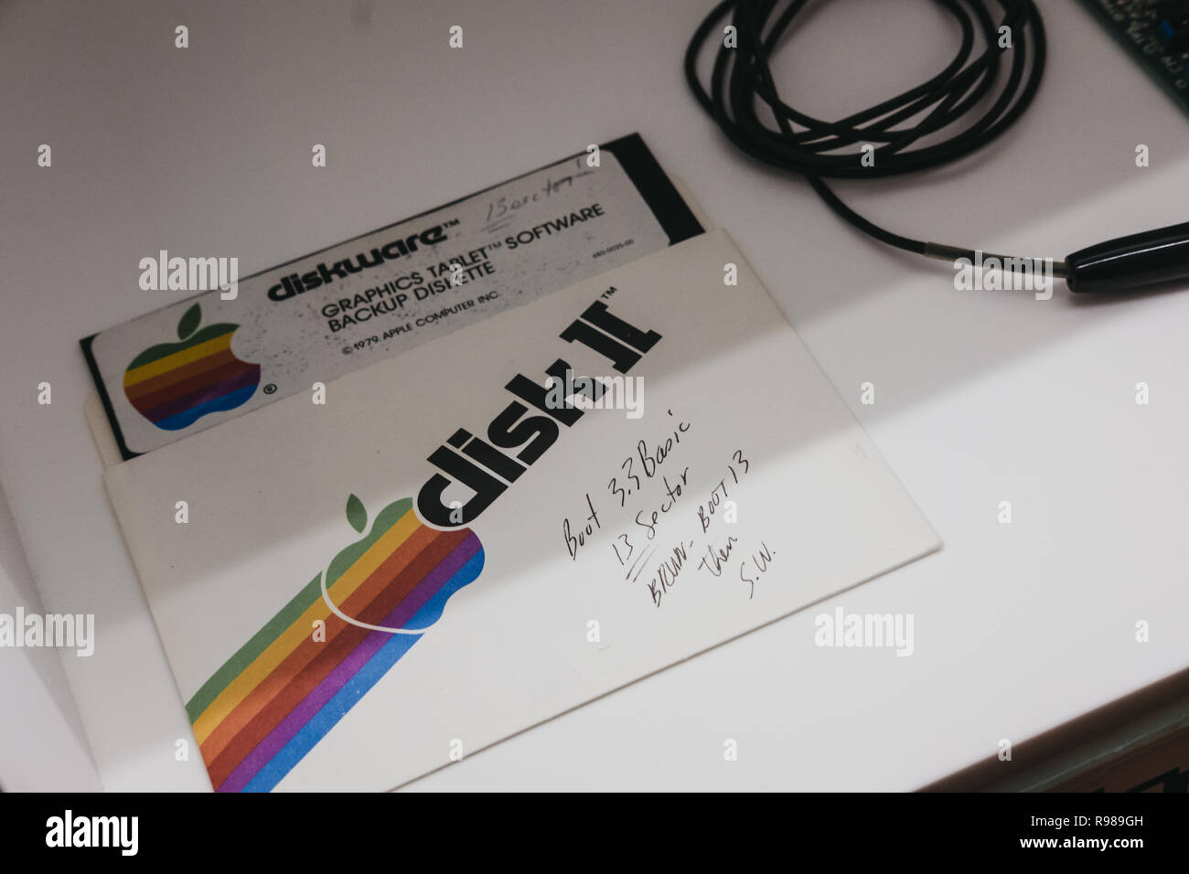Prague, Czech Republic - August 28, 2018: Signed Apple software backup disk with instructions inside Apple Museum in Prague, the largest private colle Stock Photo