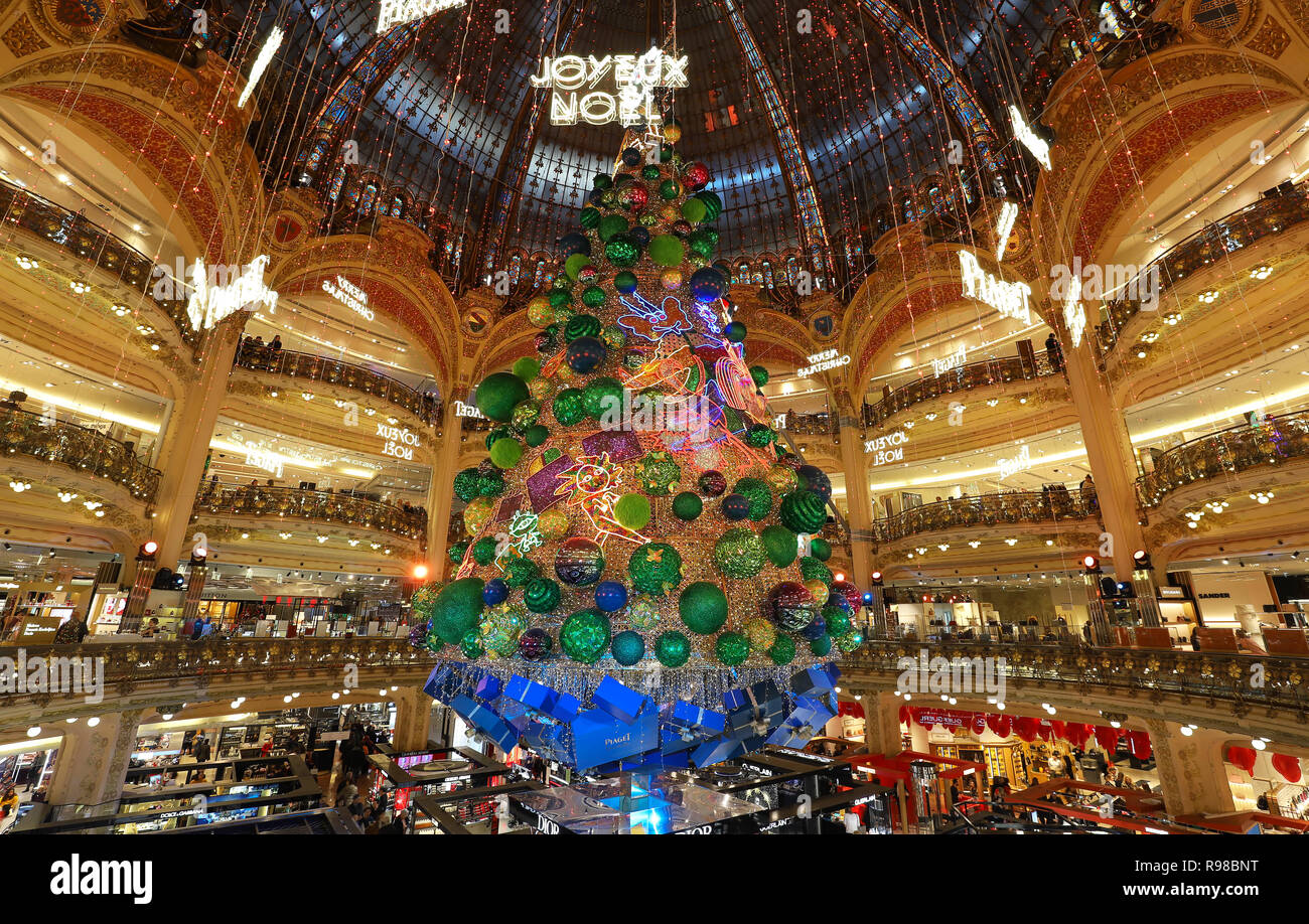 The giant Christmas tree inside Galeries Lafayette Parisian