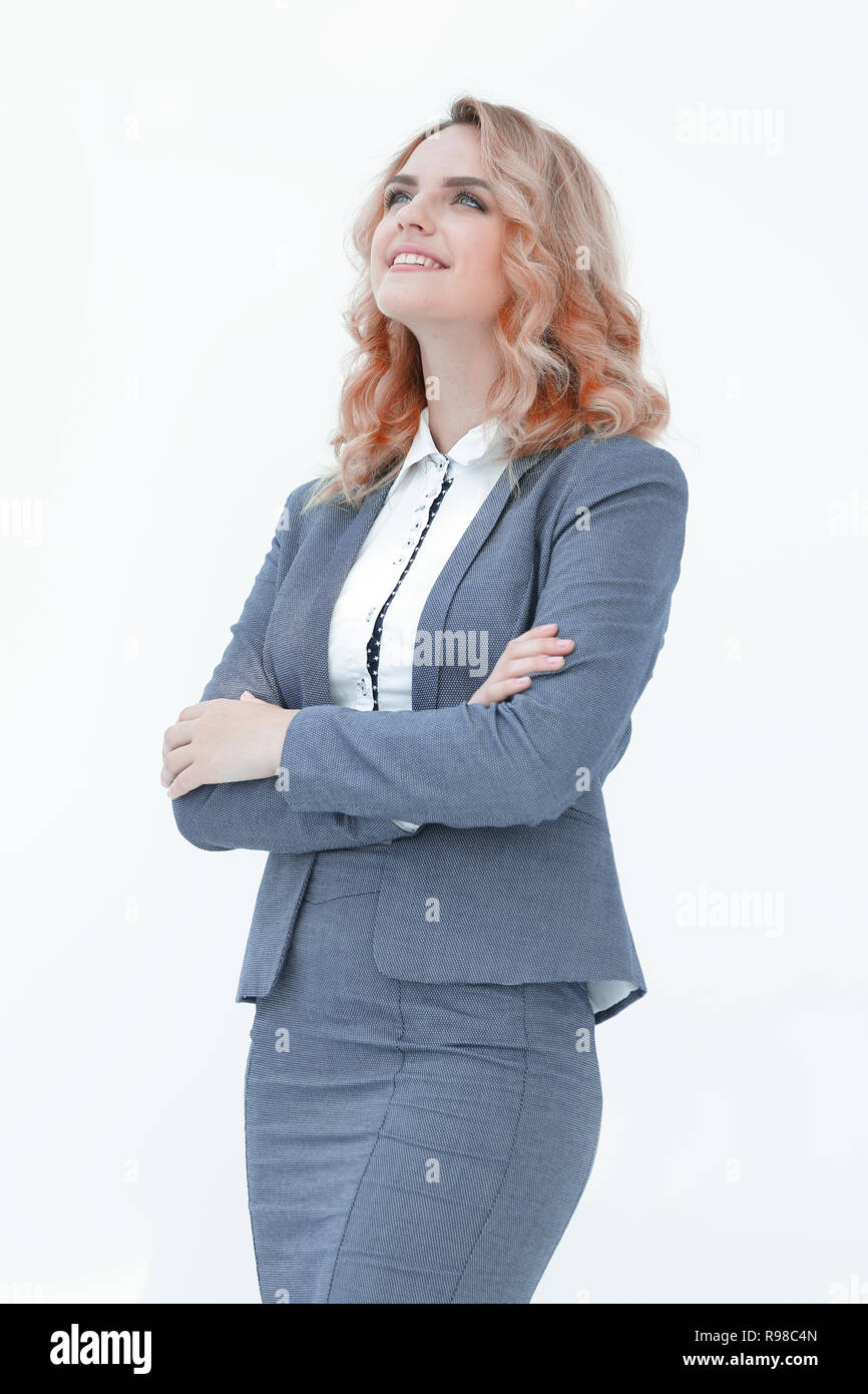 happy business woman looking on copy space Stock Photo - Alamy