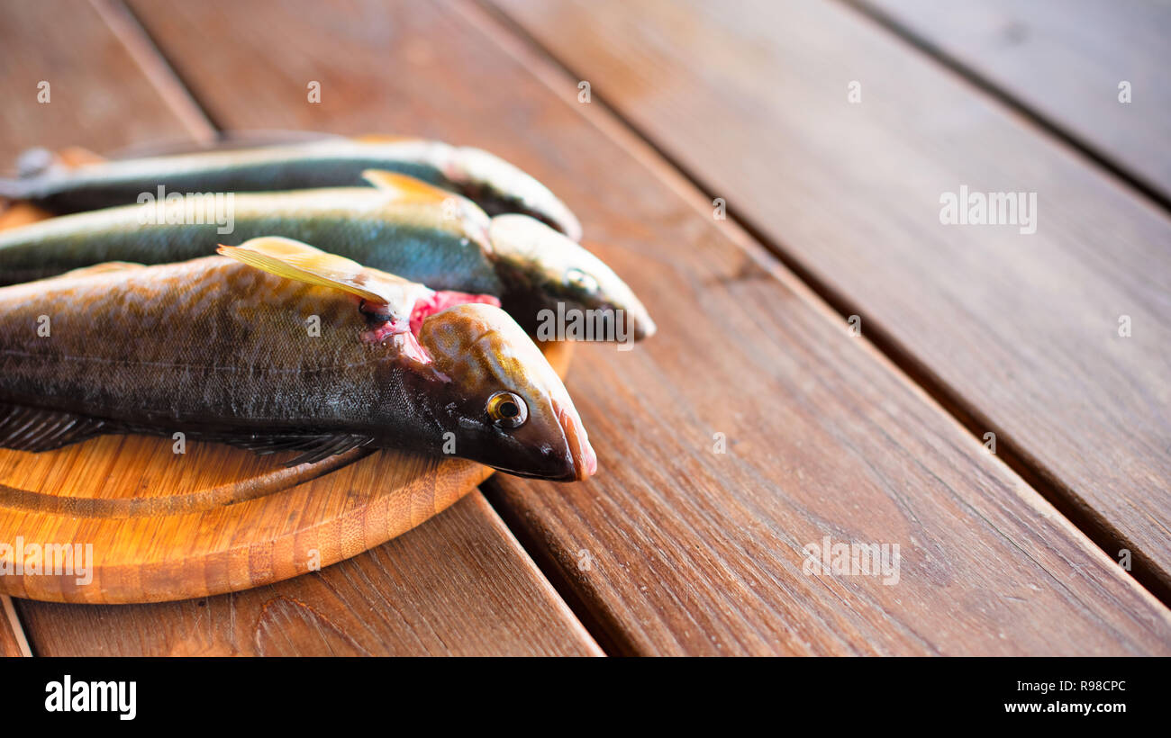 Banner Catch Of Fresh Sea Fish Lies On A Cutting Board On A Wooden
