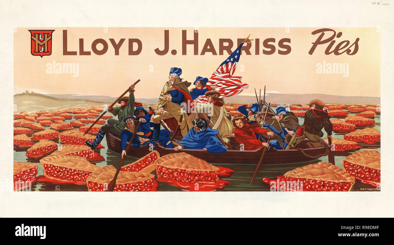 Poster Showing George Washington Crossing River of Cherry Pies, from Emanuel Leutze's Painting of George Washington Crossing the Delaware, Lloyd J. Harriss Pies, 1947 Stock Photo