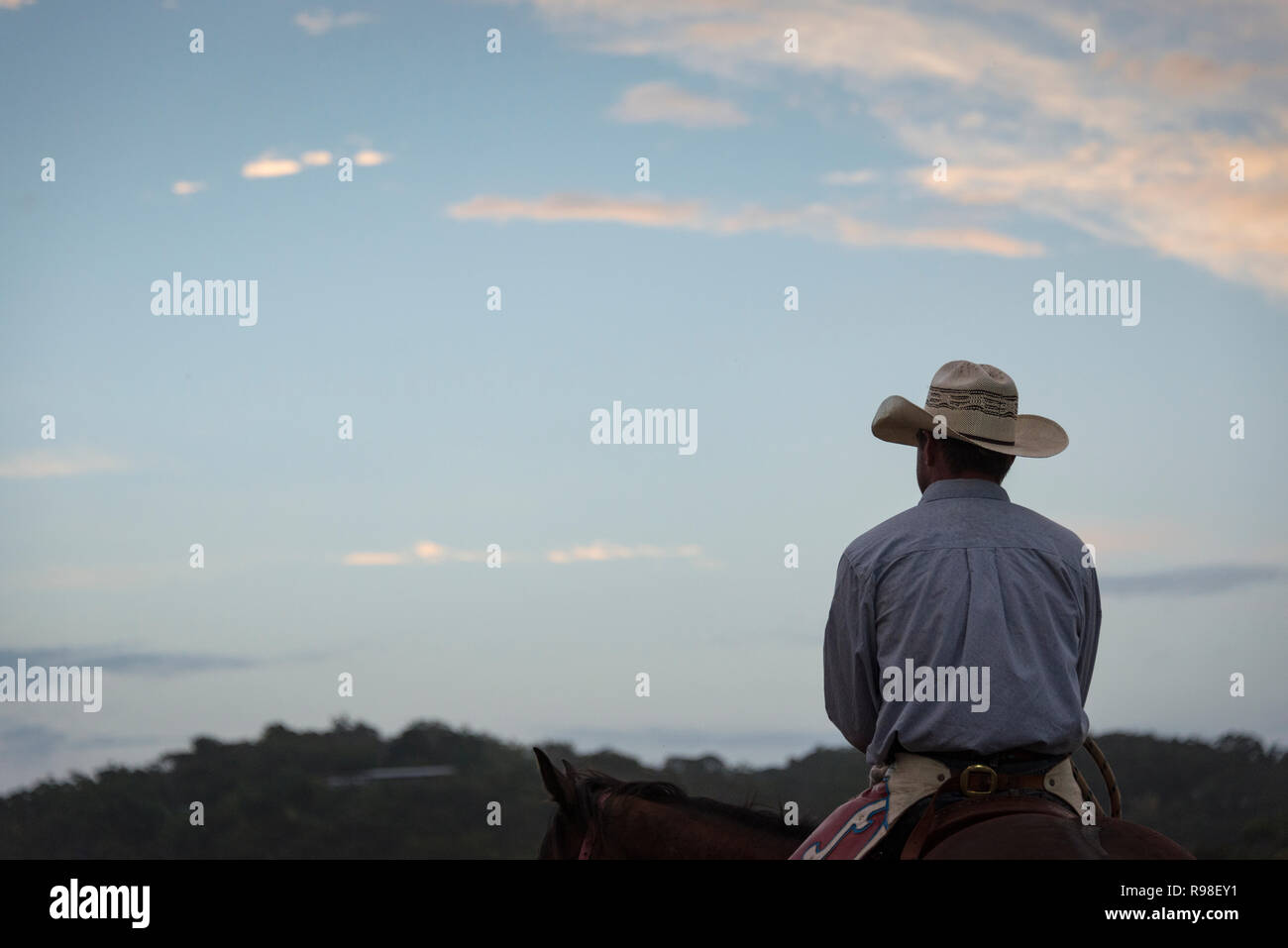 A cowboy astride his horse at sunset, rural rodeo, Australia Stock ...