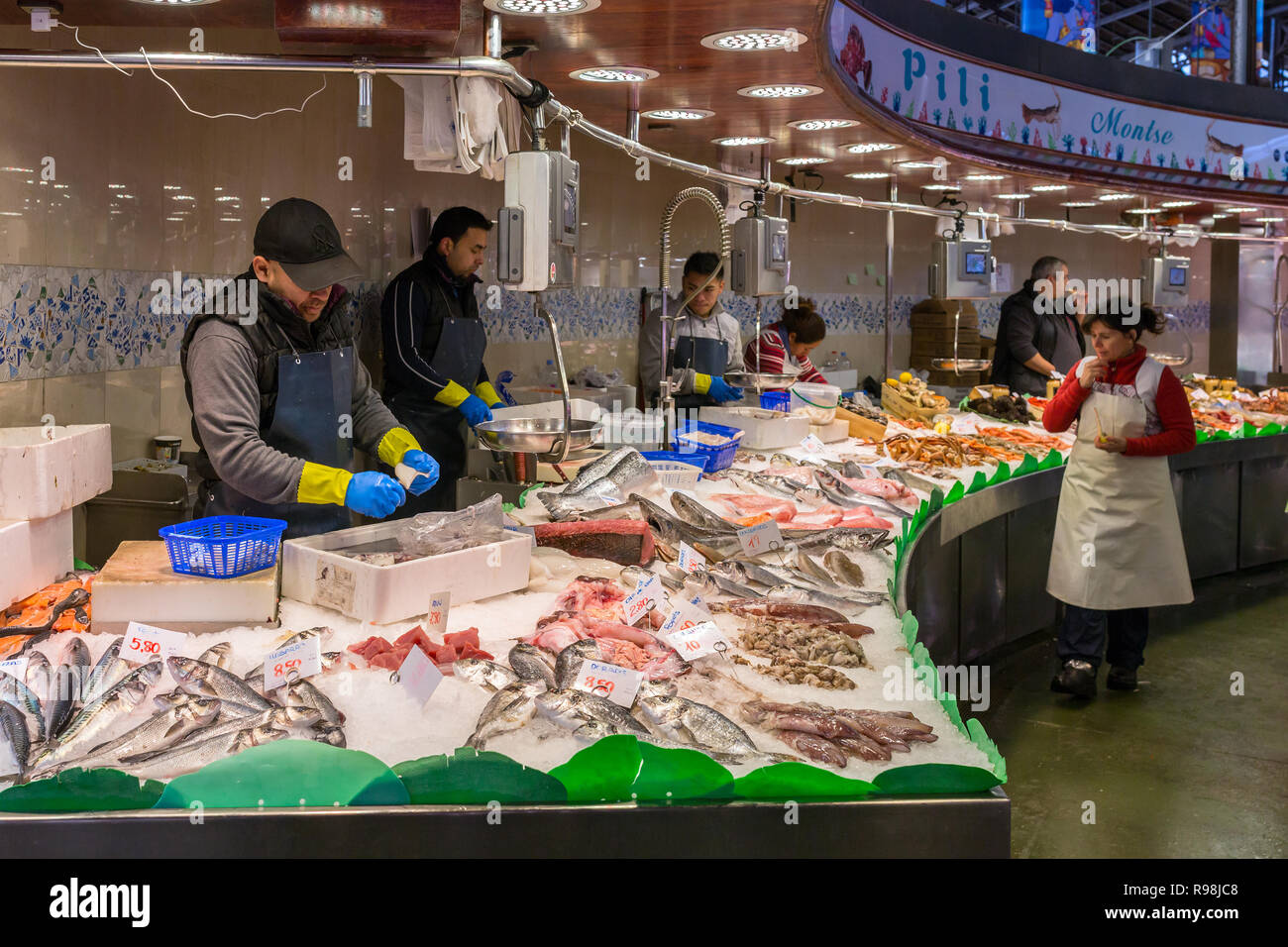 Barcelona, Spain - March 27, 2018: Seafood market at Mercat de Sant Josep de la Boqueria, a large public market in Barcelona, Spain Stock Photo