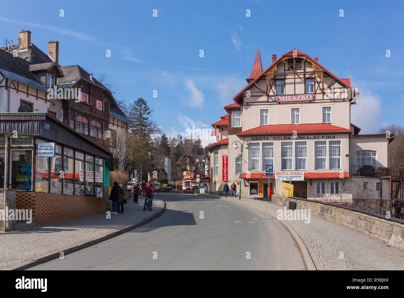 Karpacz, Poland - April 1, 2018: Main street in Karpacz town, polish winter ski resort Stock Photo