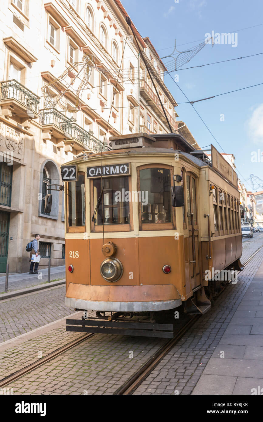 Porto, Portugal - January 19, 2018: Old retro tram in Porto, Portugal. Stock Photo