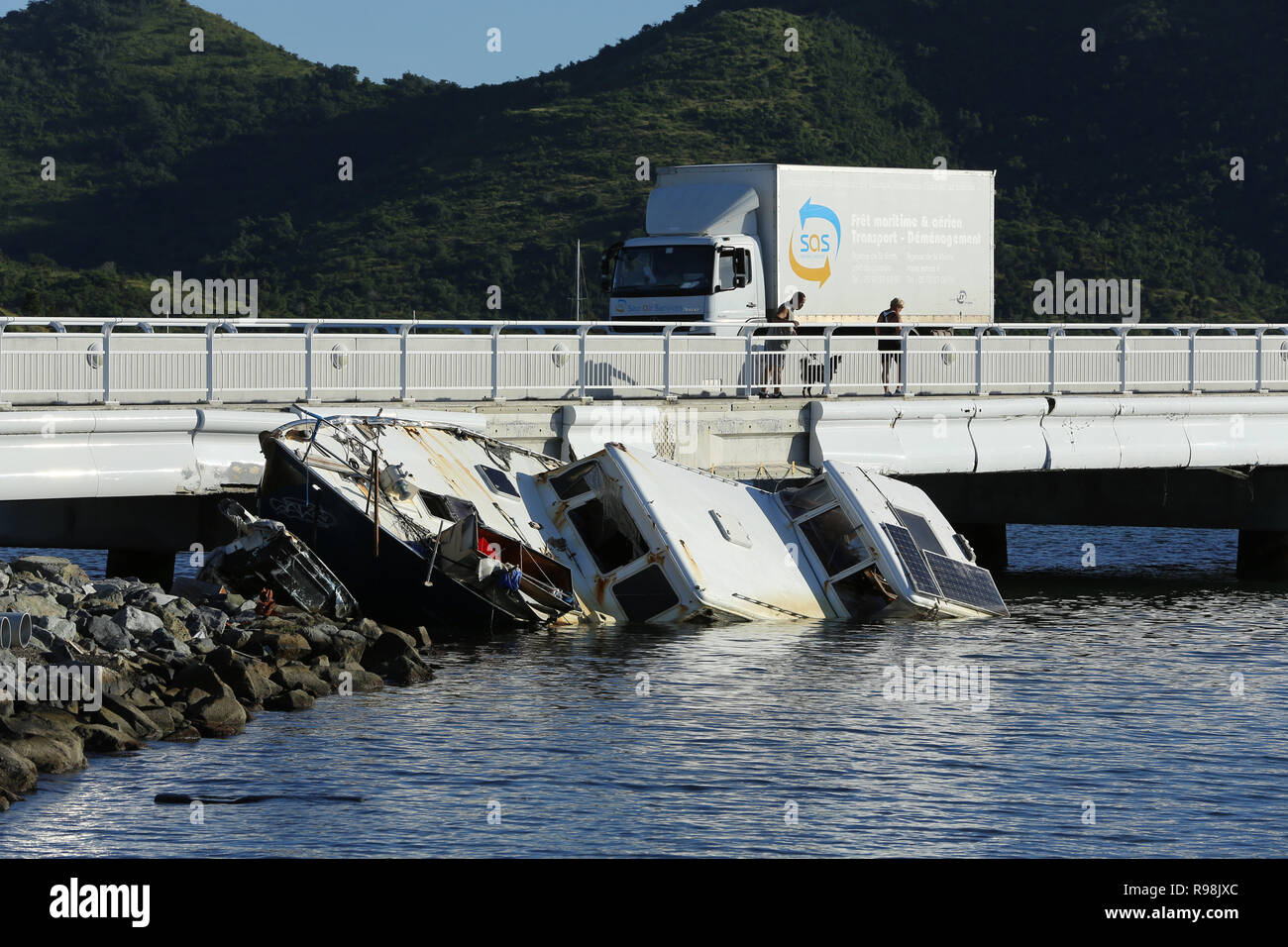 Hurricane Irma wreaked havoc across the eastern Caribbean in 2017 and the evidence is still visible on the waters of Sint Maarten in late 2018 Stock Photo