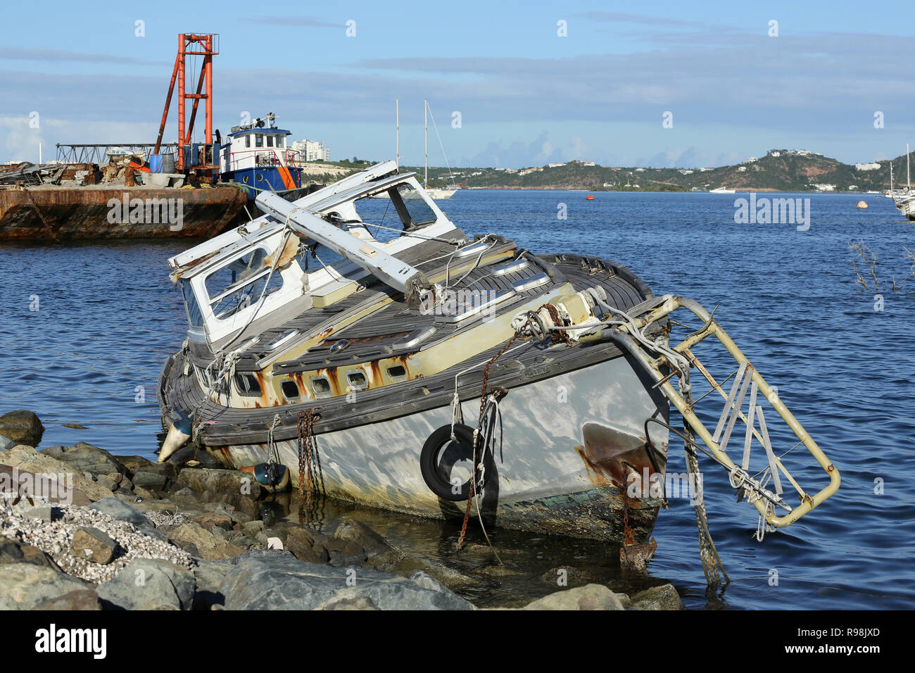 Hurricane Irma wreaked havoc across the eastern Caribbean in 2017 and the evidence is still visible on the waters of Sint Maarten in late 2018 Stock Photo