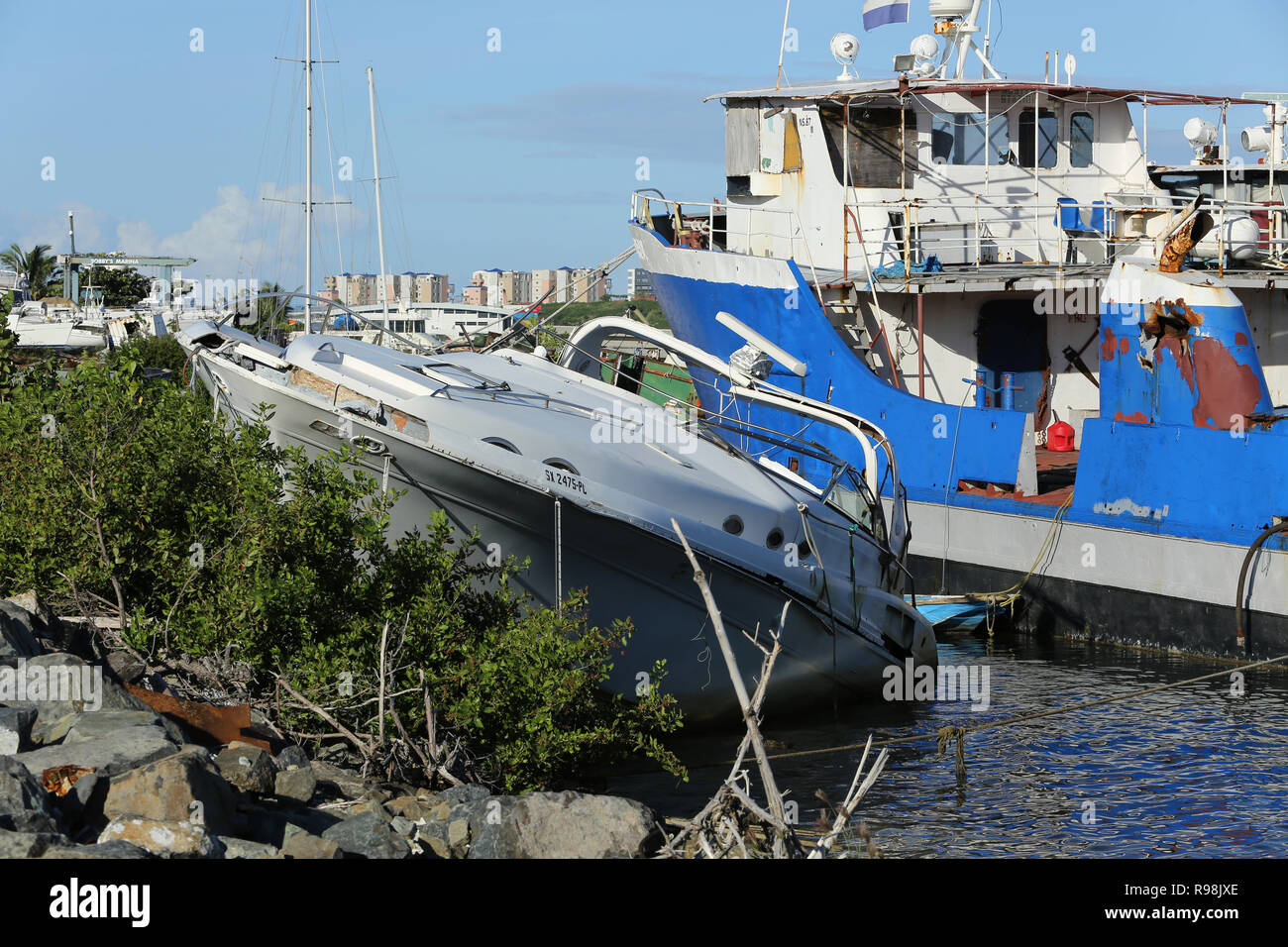 Hurricane Irma wreaked havoc across the eastern Caribbean in 2017 and the evidence is still visible on the waters of Sint Maarten in late 2018 Stock Photo
