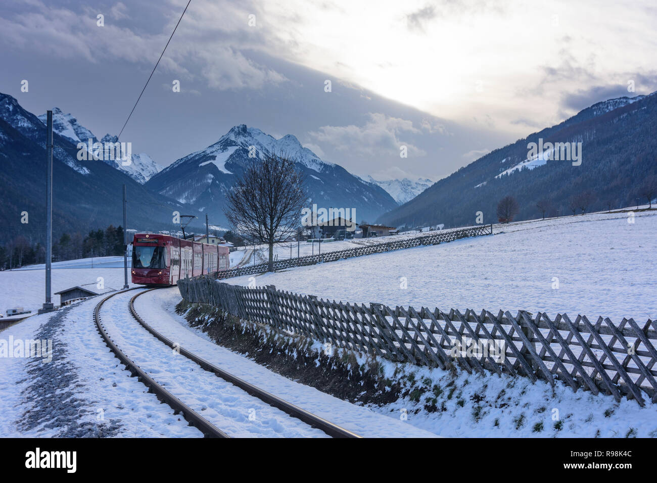Fulpmes: train of Stubaitalbahn (Stubai Valley Railway) in Stubai Valley in Region Innsbruck, Tirol, Tyrol, Austria Stock Photo