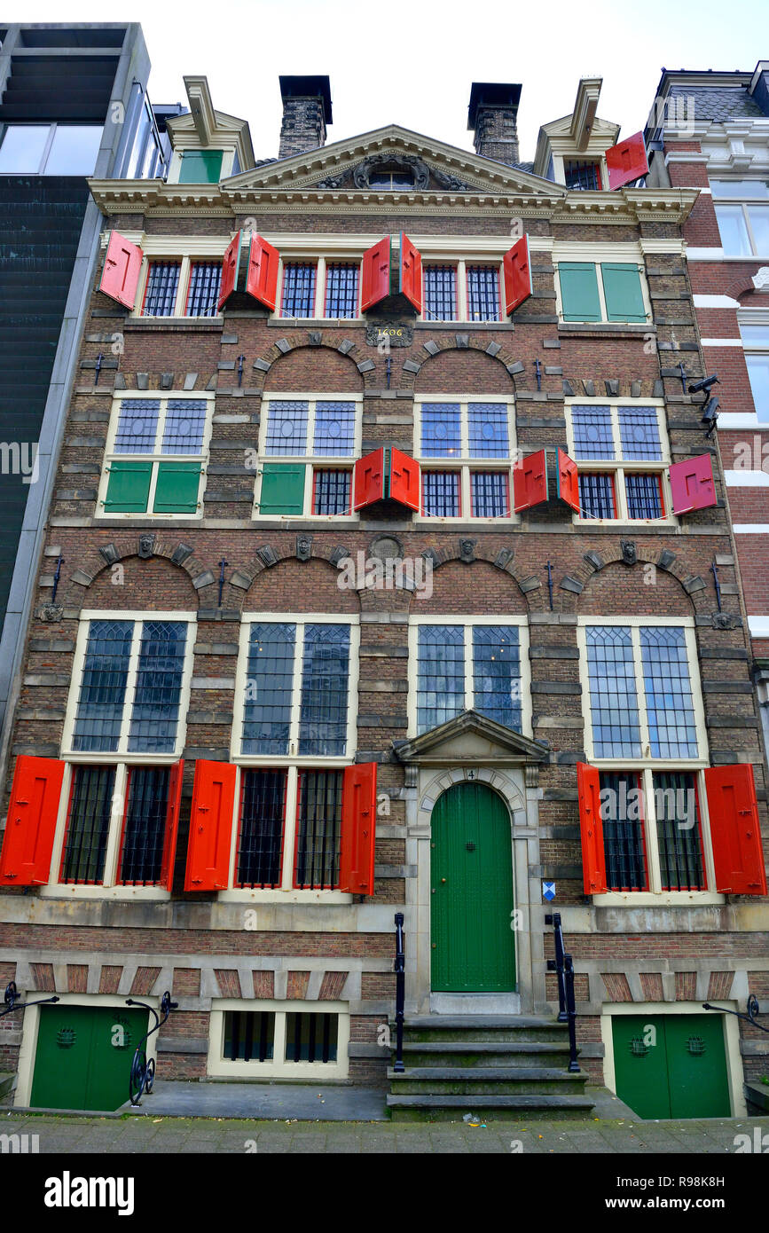 The colourful facade of Rembrandt's house on Jodenbreestraat, Amersterdam, Holland, Netherlands Stock Photo