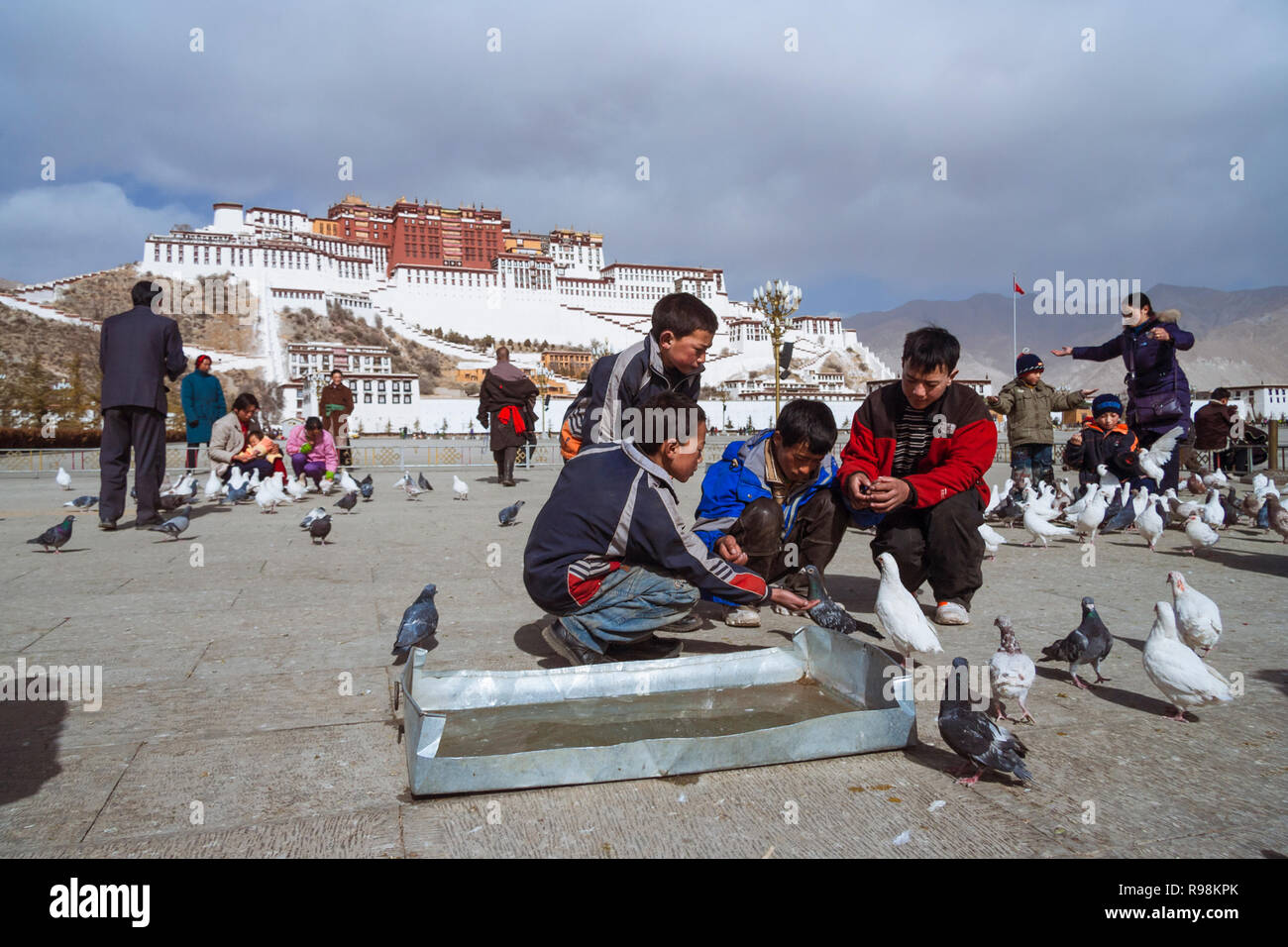 Lhasa, Tibet Autonomous Region, China : Young people feed pigeons at Potala Square in front of the Potala Palace. First built in 1645 by the 5th Dalai Stock Photo