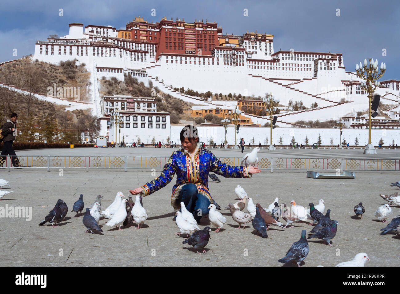 Lhasa, Tibet Autonomous Region, China : A young woman feeds the pigeons at Potala Square in front of the Potala Palace. First built in 1645 by the 5th Stock Photo