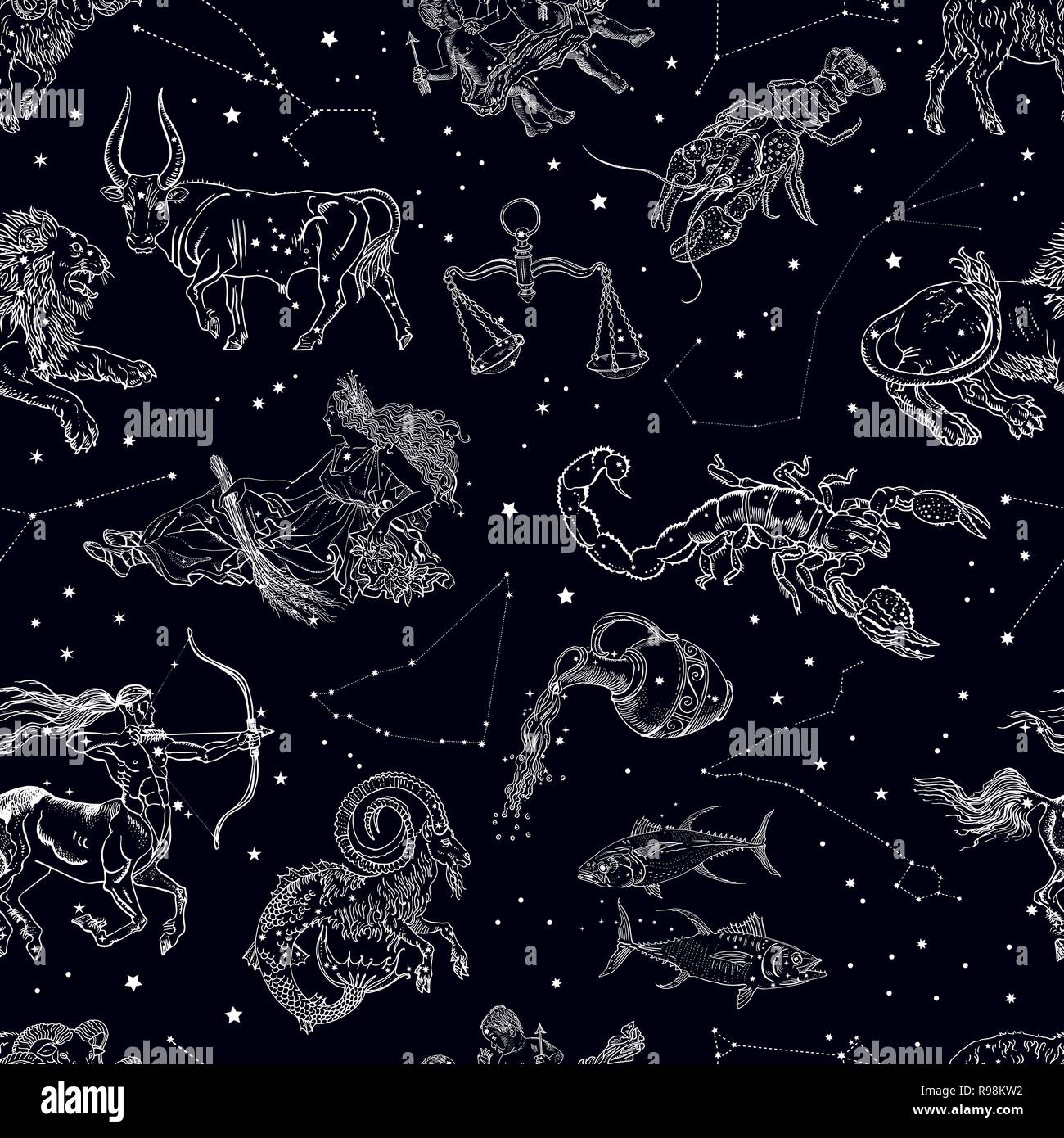 Zodiac signs, constellations and stars seamless pattern. Aries, Taurus, Gemini, Cancer, Leo, Virgo, Libra, Scorpio, Sagittarius, Capricorn, Aquarius,  Stock Vector