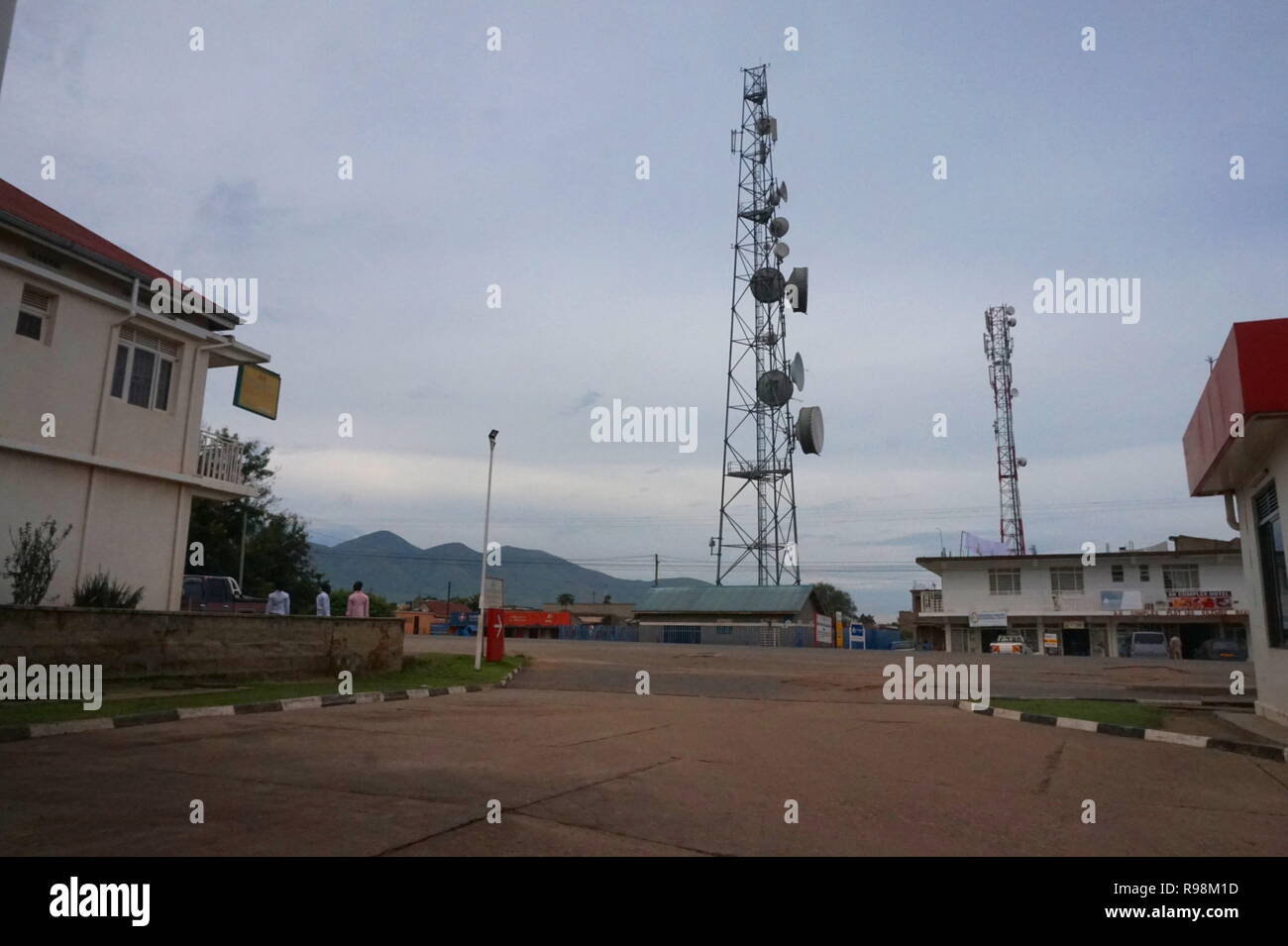 A telecoms aerial in a rural town in Uganda Stock Photo