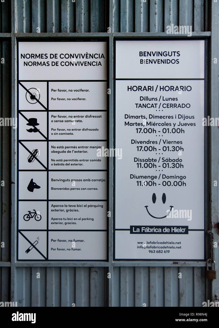 Entrance welcome sign of La Fabrica de Hielo, club in Valencia Stock Photo