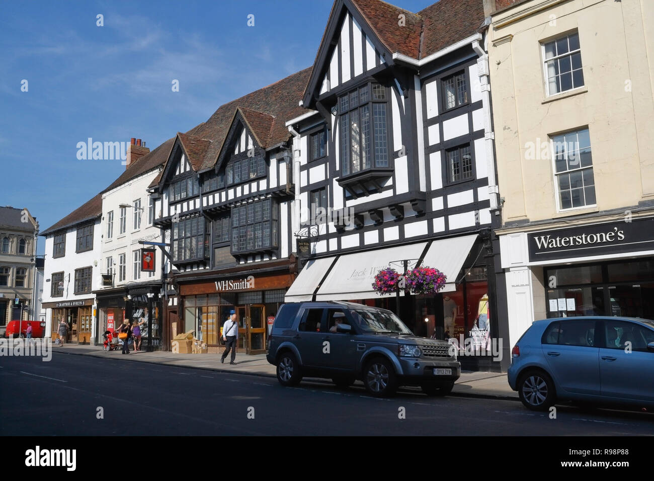 Mock Tudor buildings shops, High Street, Stratford Upon Avon England UK. English town centre Stock Photo
