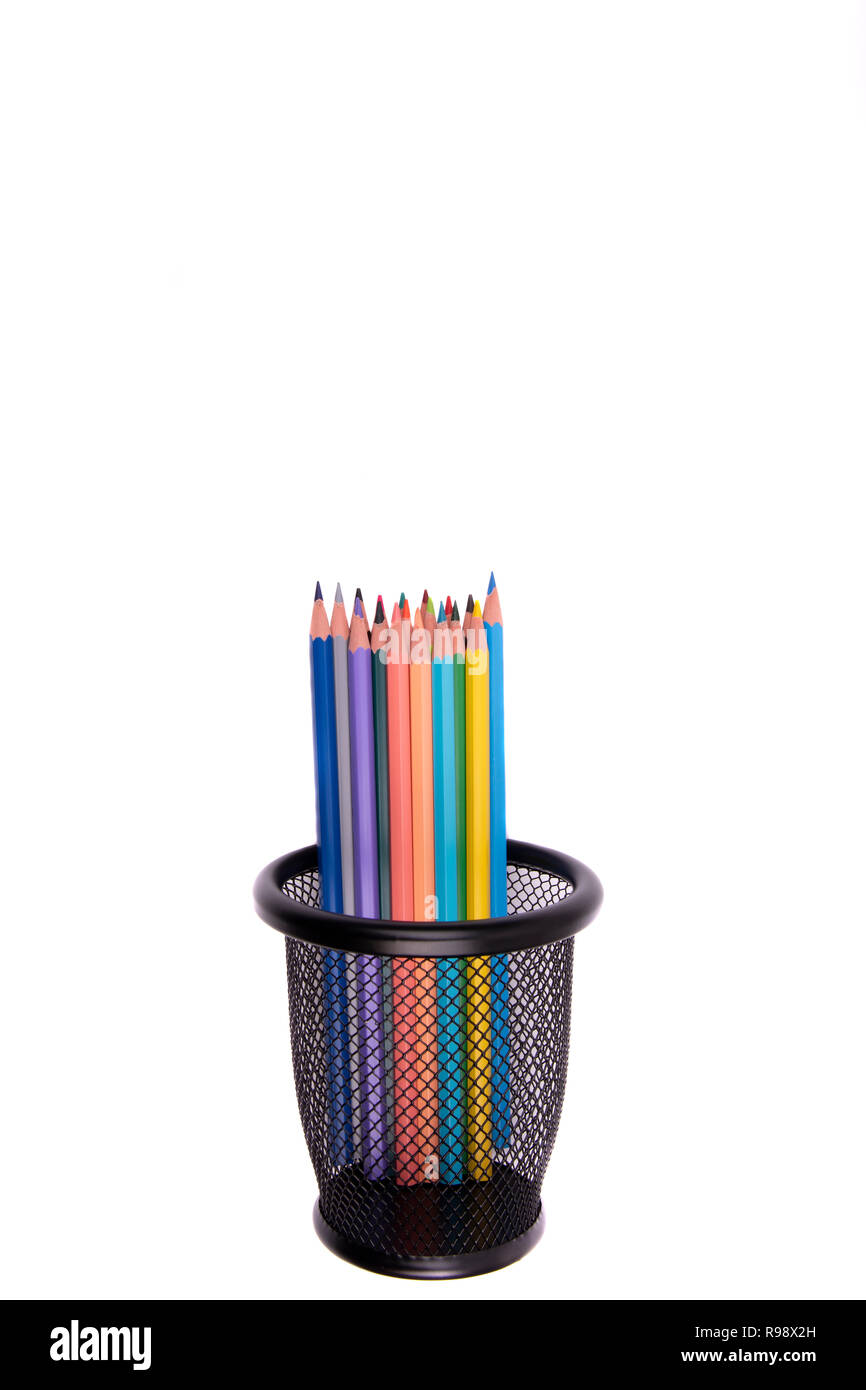 Colored pencils in a pencil case on white background Stock Photo, White  Colored Pencils 