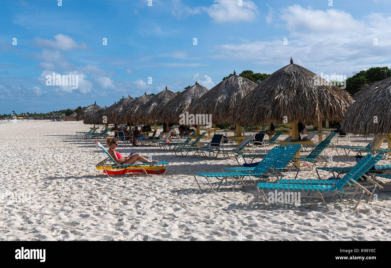 Thatched Beach umbrellas Eagle Beach Aruba Stock Photo Alamy