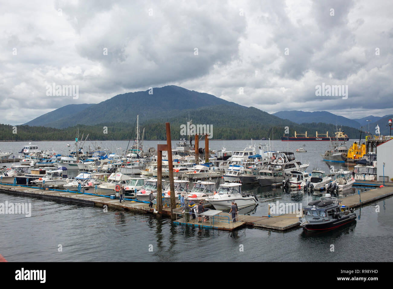 View of the Cow Bay Marine harbor in Prince Rupert, BC. Stock Photo