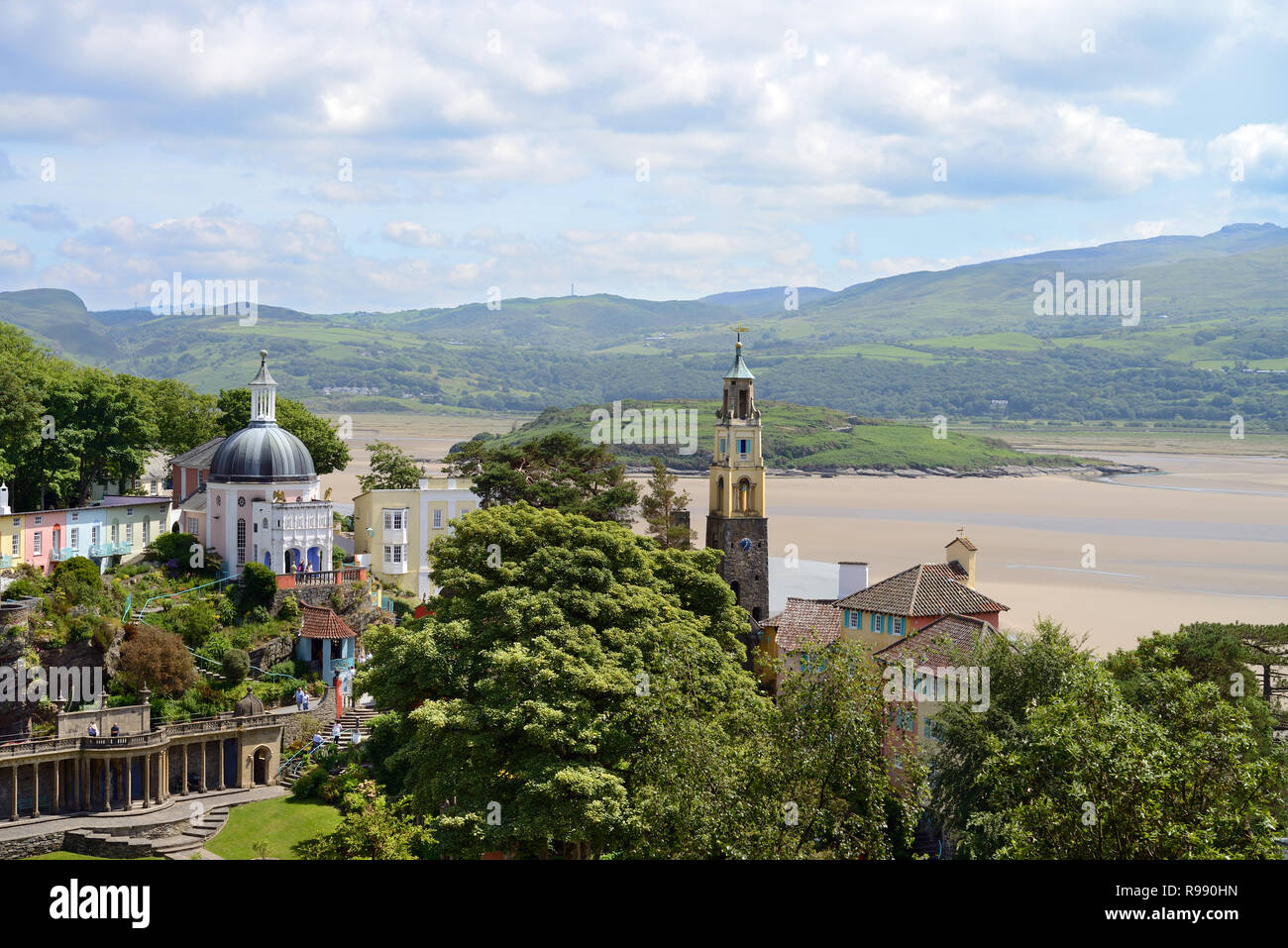 Portmeirion is a tourist village in North Wales styled in an Italian design by Sir Clough Williams-Ellis. It is now owned by a charitable trust. Stock Photo