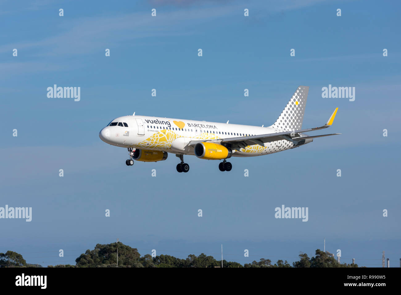 Vueling Airlines Airbus A320-232 (Reg: EC-MNZ) with special livery landing runway 31. Stock Photo