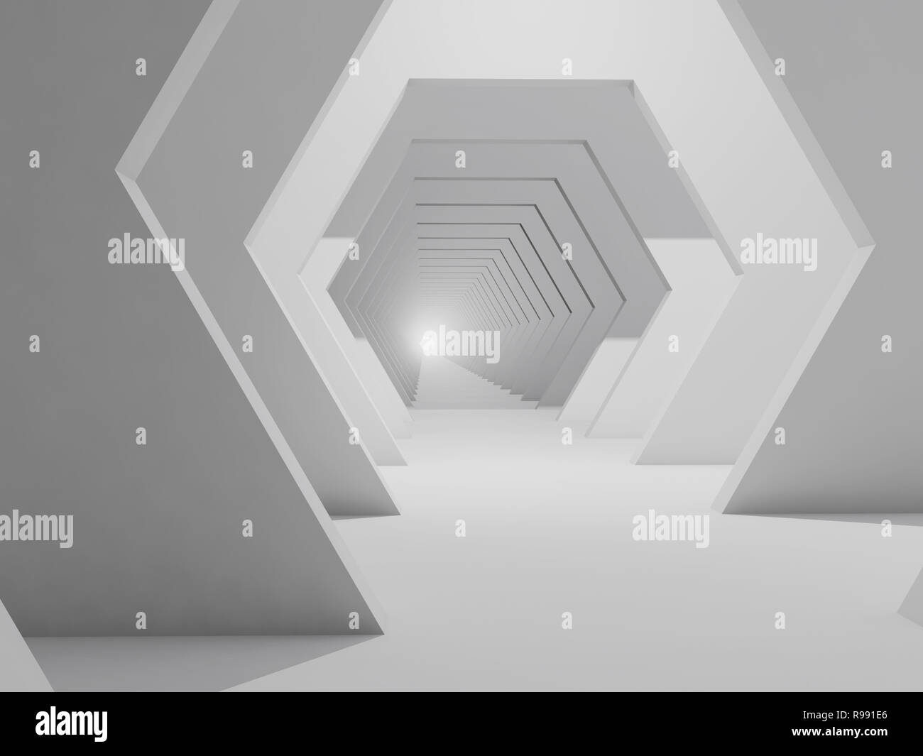 Abstract white interior background, corridor with hexagonal elements. 3d render illustration Stock Photo