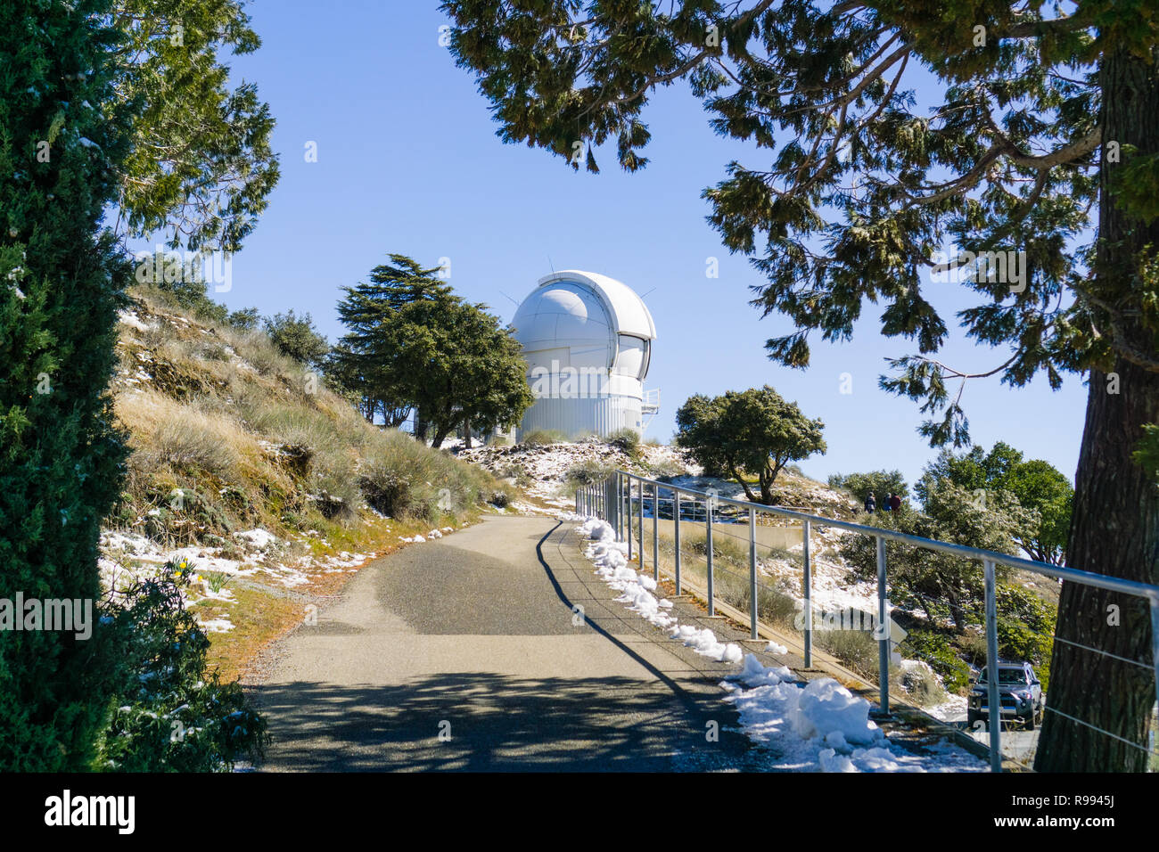 Paved path leading to the The Automated Planet Finder Telescope (APF) which is part of Lick Observatory complex on top of Mt Hamilton, San Jose, south Stock Photo