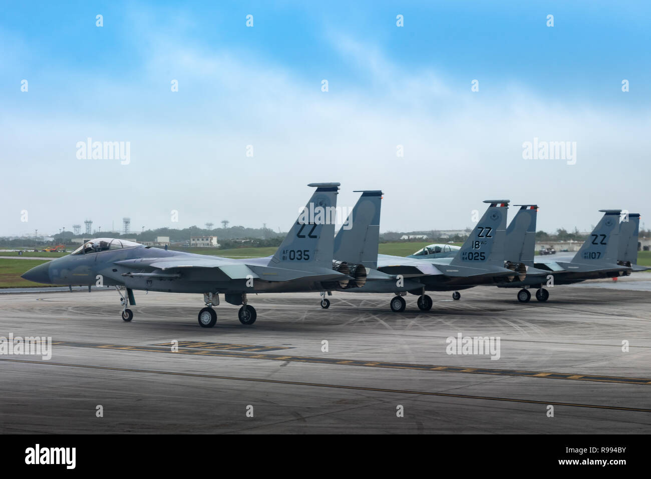 F-15C Eagles wait to takeoff Dec. 11, 2018, at Kadena Air Base, Japan.  Both the 44th and 67th Fighter Squadrons at Kadena AB play a unique role in securing peace and stability in a free and open Indo-Pacific with their F-15C/D capabilities.  (U.S. Air Force photo by Airman 1st Class Matthew Seefeldt) Stock Photo
