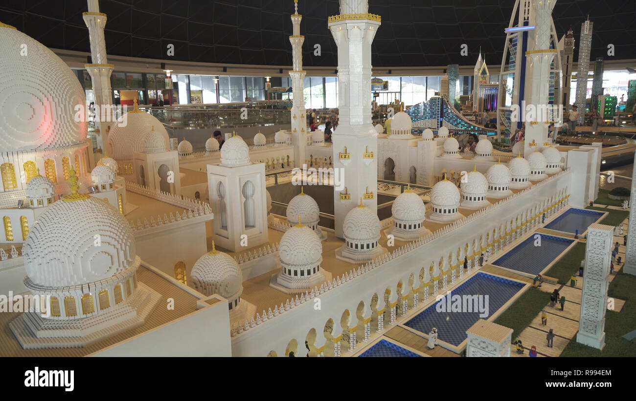 Exhibition of mock-ups Sheikh Zayed Grand Mosque made of Lego pieces in Miniland Legoland at Dubai Parks and Resorts Stock Photo