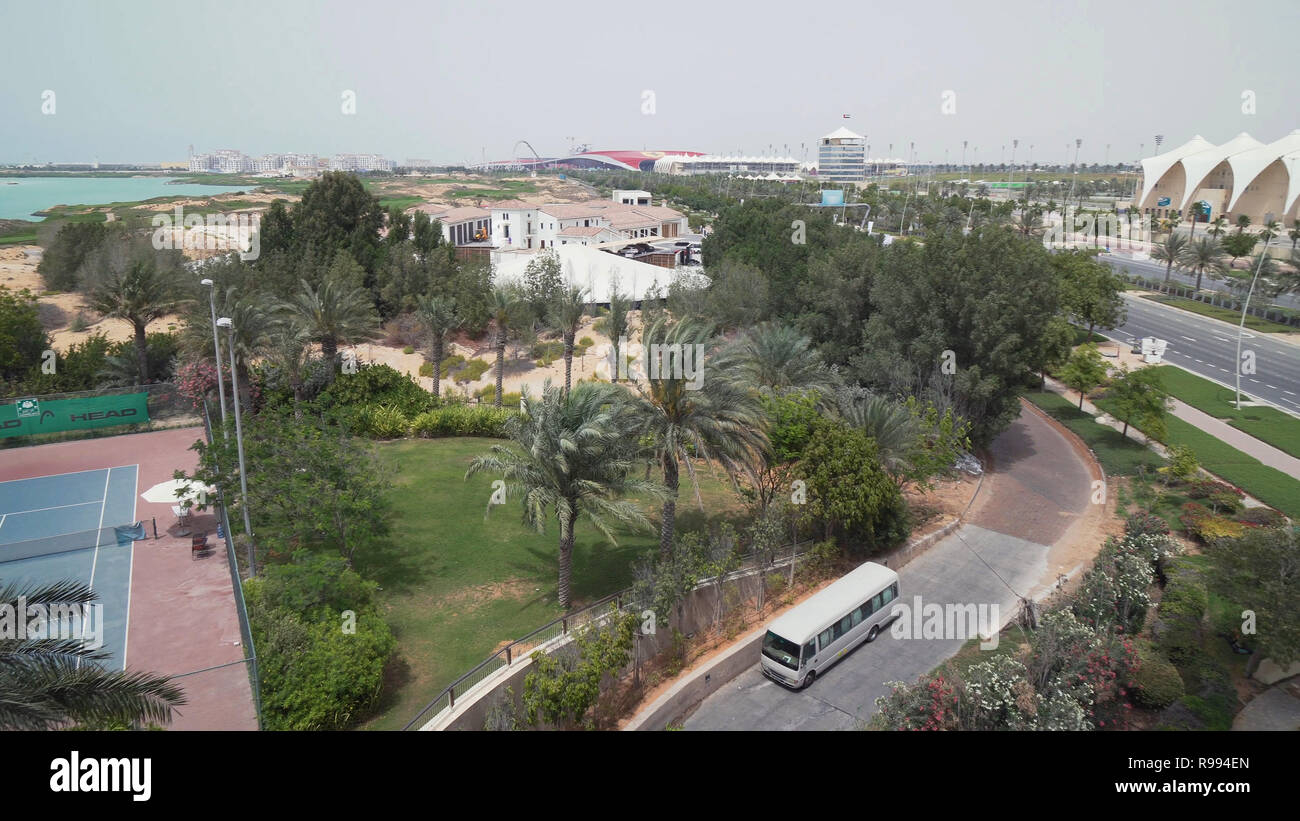 Ferrari World Abu Dhabi and Yas Marina Circuit on Yas Island in Abu Dhabi Stock Photo