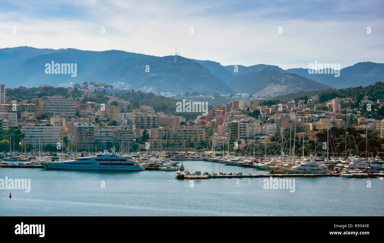 PALMA DE MAJORCA, SPAIN - MAY 23, 2018: View of the port with the city skyline and harbour  in the background Stock Photo