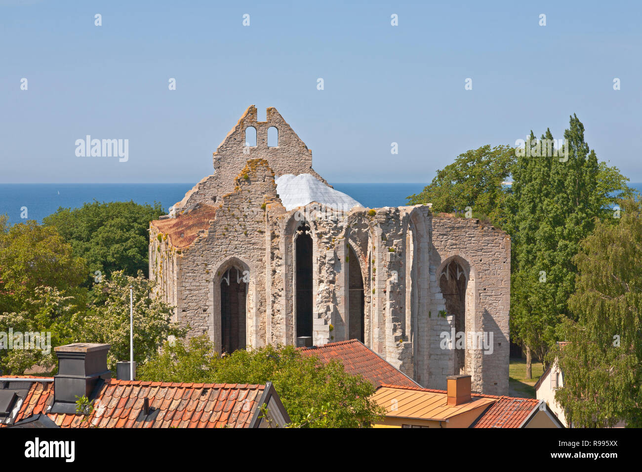 Ruins of Sankt Nicolaus Church, Saint Nicholas Church, on a summer day in the medieval city Visby on the Swedish island Gotland in the Baltic Sea Stock Photo