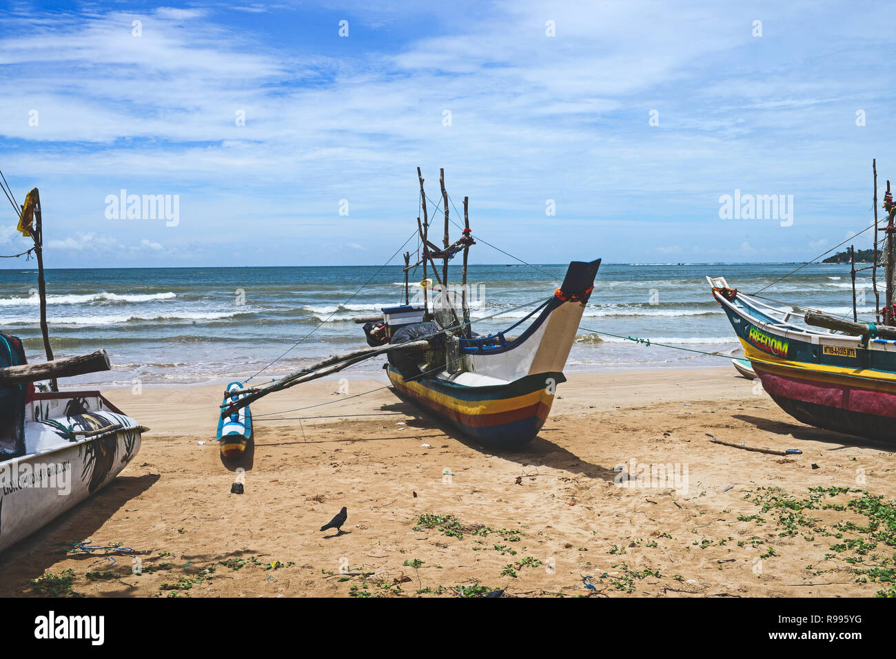 Traditional fishing boats in Weligama, Sri Lanka Stock Photo