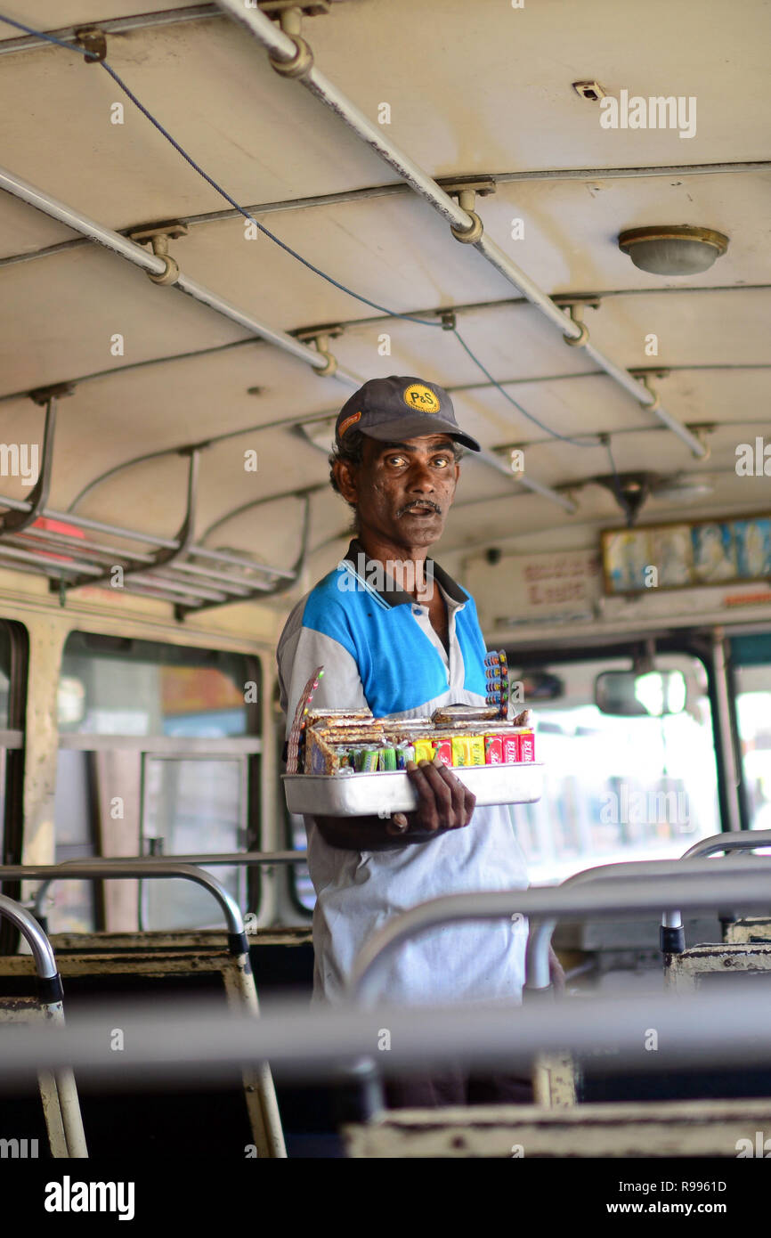 Ambulant food seller on bus, Galle, Sri Lanka Stock Photo