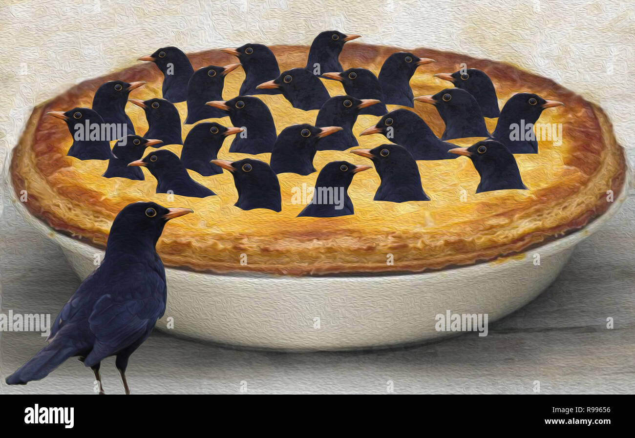 Four and twenty blackbirds baked in a pie. When the pie was opened the birds began to sing (Sing a Song of Sixpence) Stock Photo