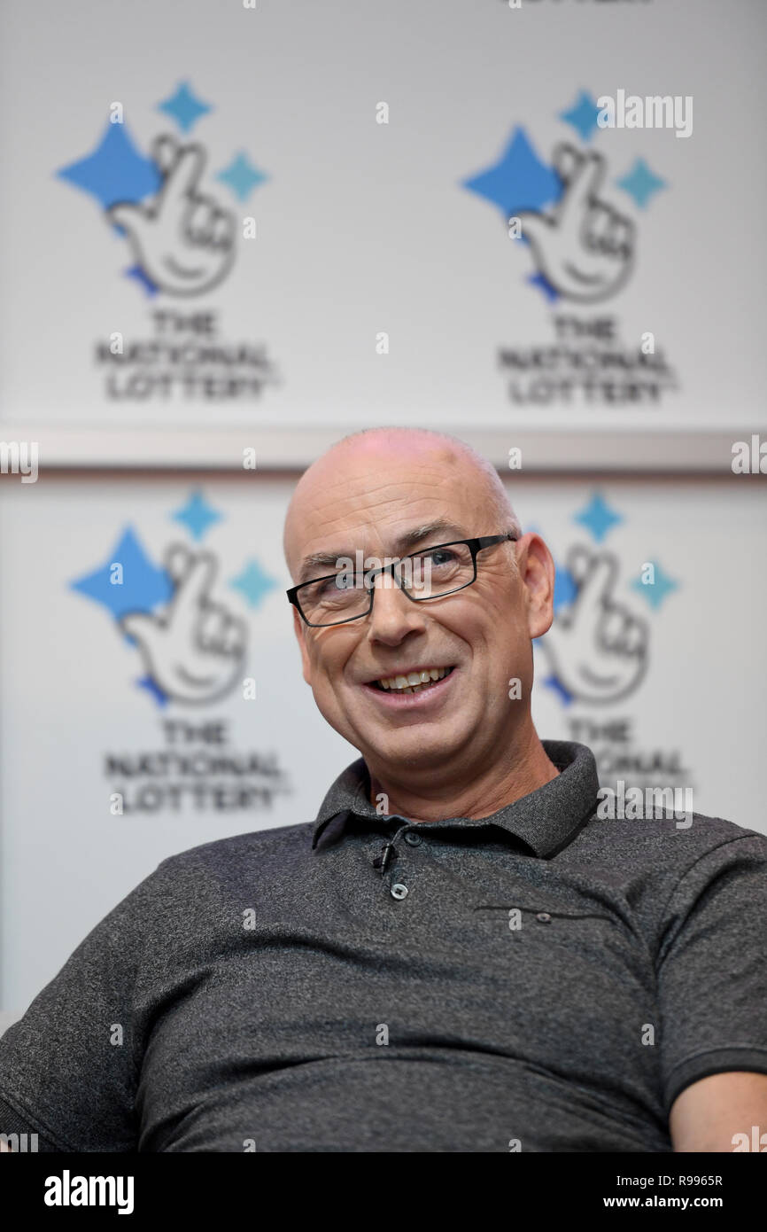 Andrew Clark, 51, from Boston, Lincolnshire, celebrates his £76,369,806.80 EuroMillions jackpot win from the draw on Friday 2 November 2018 at Belton Woods Hotel, Grantham. Stock Photo